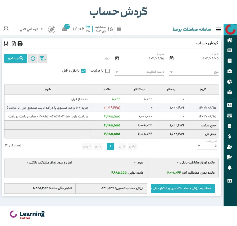 بخش گردش حساب در سامانه معاملاتی اکسیر