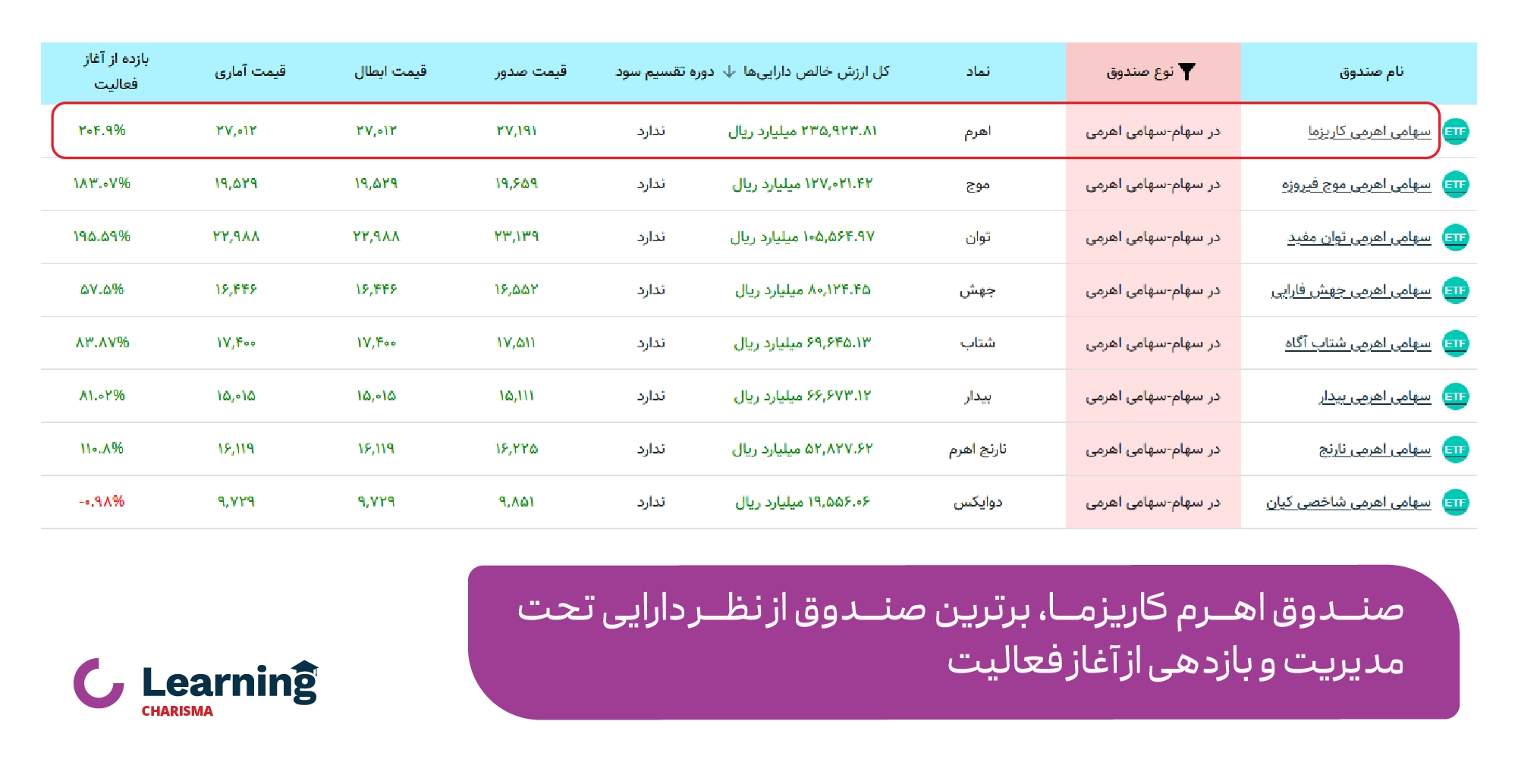 اهرم برترین صندوق سهامی از نظر دارایی تحت مدیریت و بازدهی از زمان تاسیس