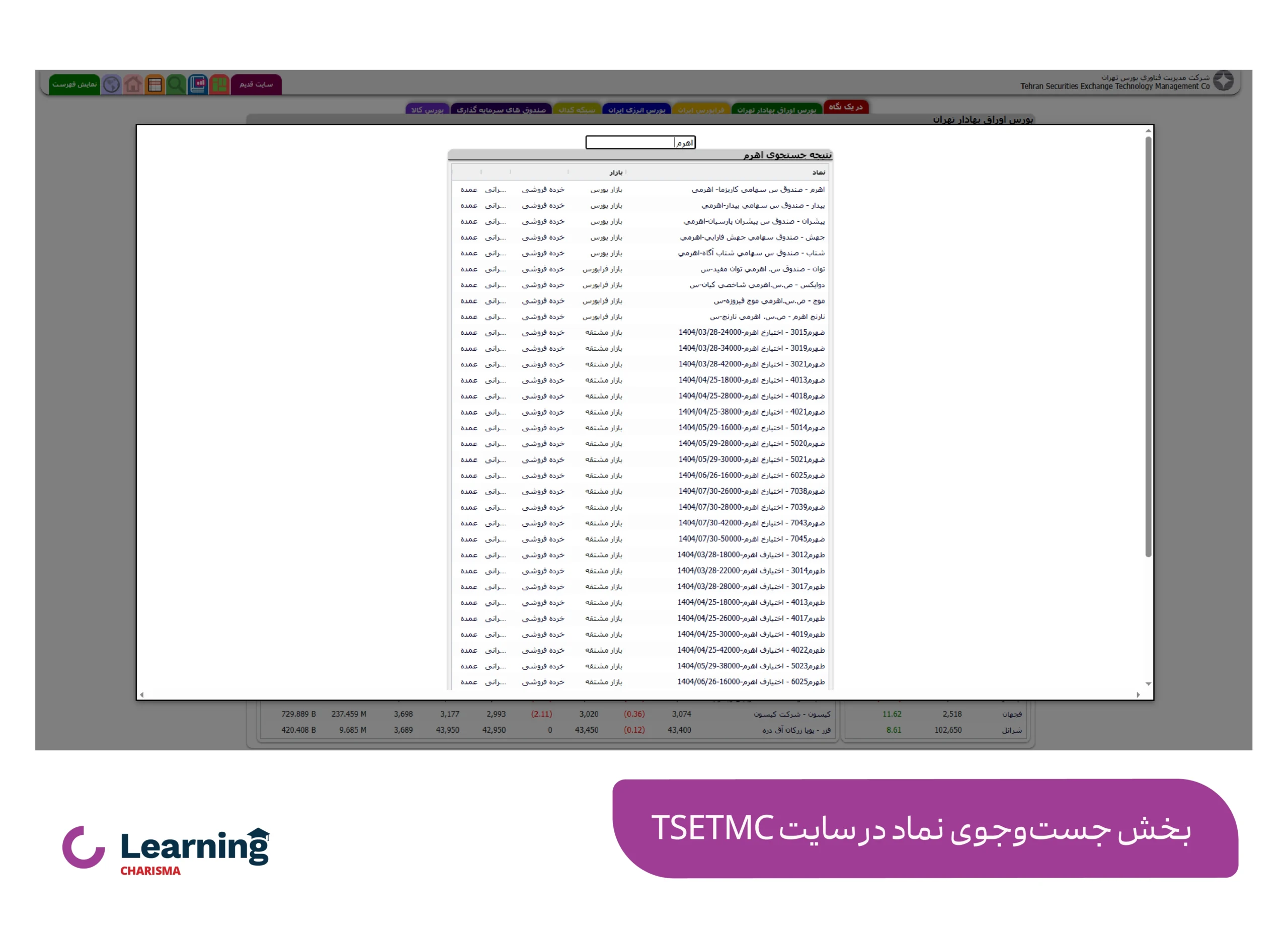 بخش جست و جوی نماد در سایت tsetmc